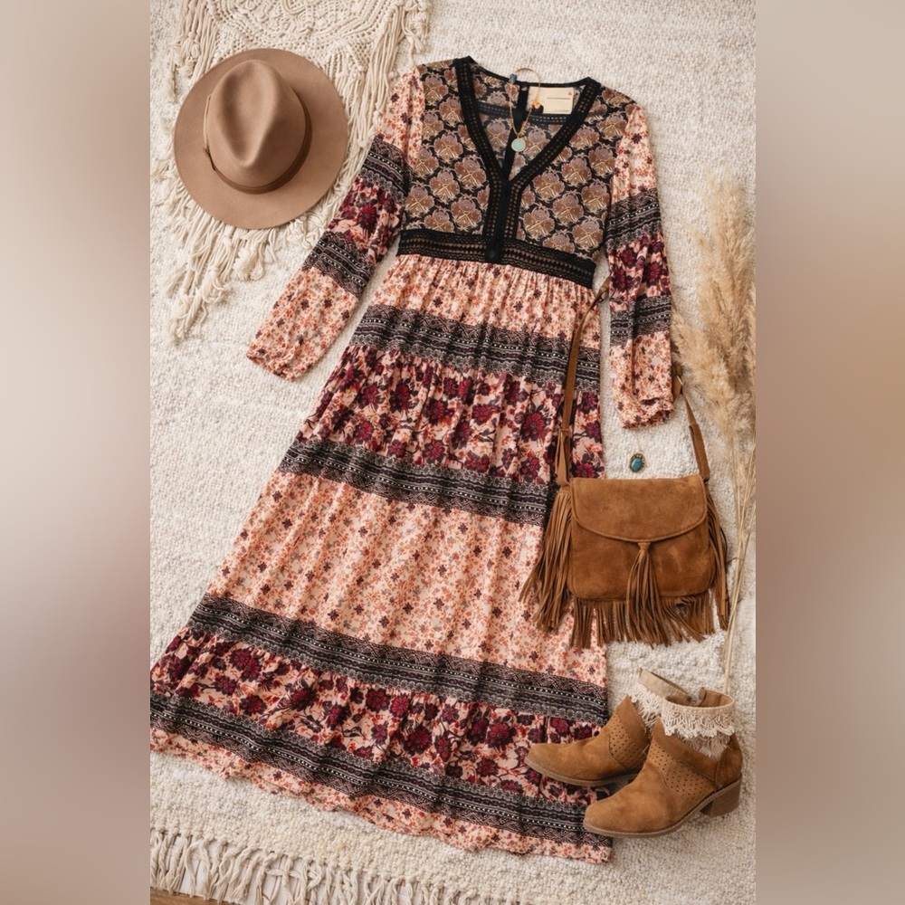 Flying Tomato Boho Festival Maxi Dress~Floral Crochet Waist~Anthro Style~ Small - Picture 2 of 16